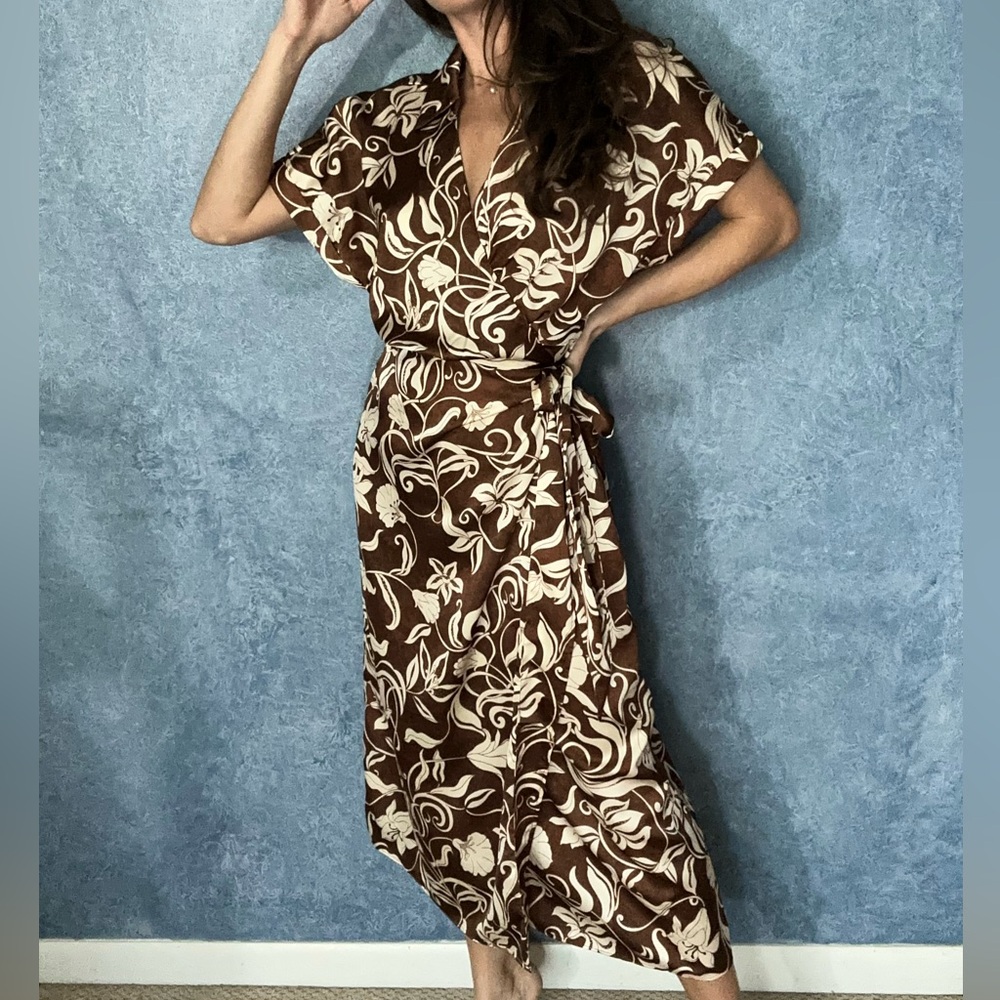 Mango Satin Collared Brown Floral Wrap Maxi Dress